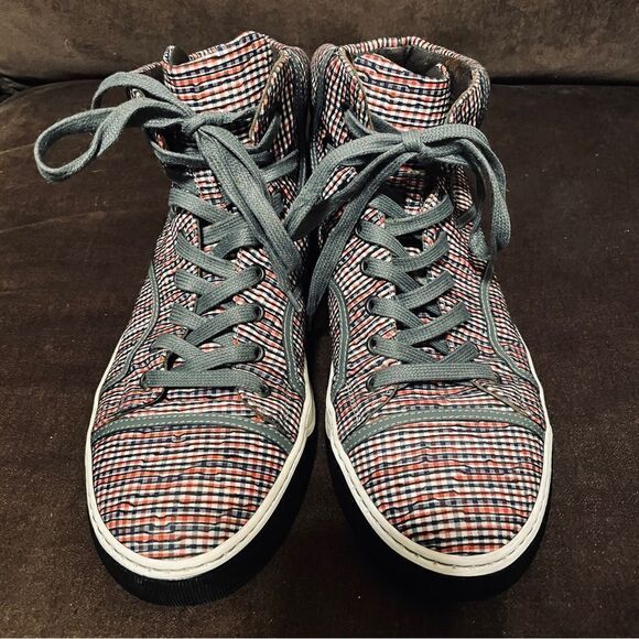 Lanvin designer high top sneakers red white blue plaid grey piping Womens 9 US - Picture 10 of 13